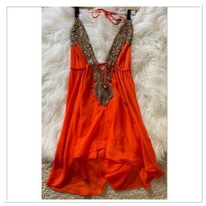 Manish Vaid Mallorca Mini Hater Dress Halter Crystal Orange O/S